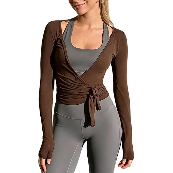 Women Pilates Wrap Tops Short Sleeve V Neck Cross Tie Ballet Crop